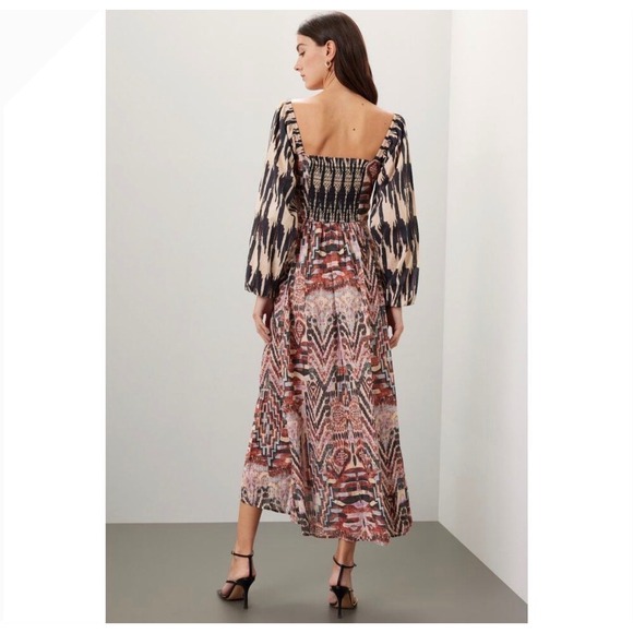 Maria Cher Junin Naibi Midi Dress Womens Size S Boho Batik Puff Sleeve Tribal - Picture 2 of 16